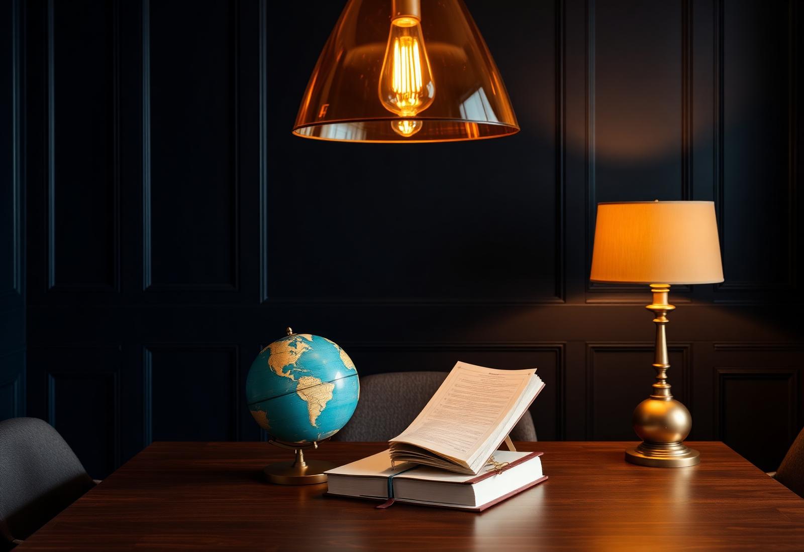 A globe and ledger in a softly-lit boardroom