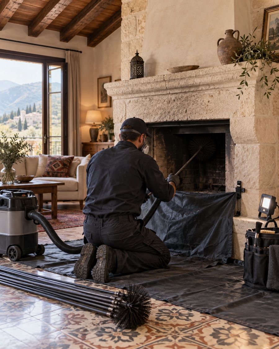 Professional chimney restoration equipment and soot containment inside a Lebanese mountain home