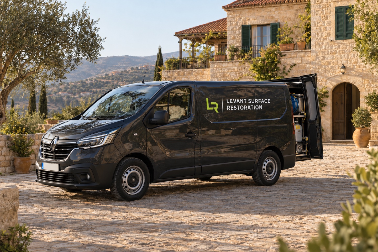 Concept visualisation of a charcoal Levant Surface Restoration van outside a Lebanese stone villa