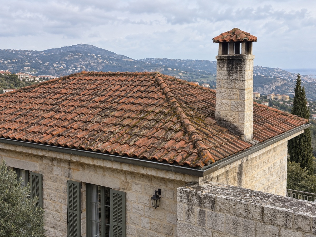 Weathered Lebanese clay-tile roof and exterior chimney before a restoration visualisation