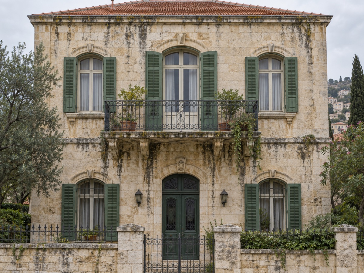 Weathered Lebanese limestone facade and balcony before a surface restoration visualisation