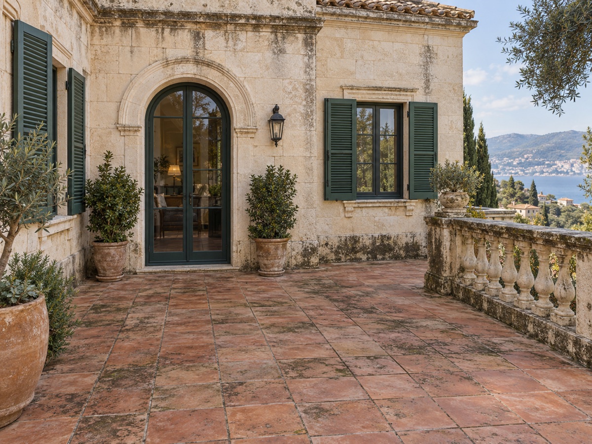Weathered Lebanese villa terrace before a steam restoration visualisation